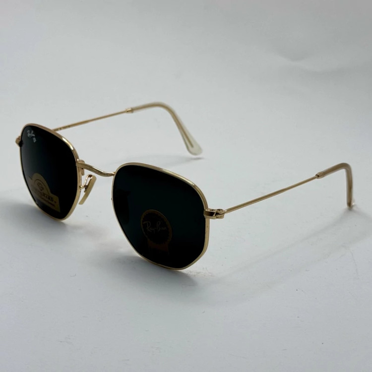 تصویر عینک ریبن هگزونال شیشه سنگ مشکی فریم طلایی به همراه پک کامل ریبن کد Rayban RB 3548