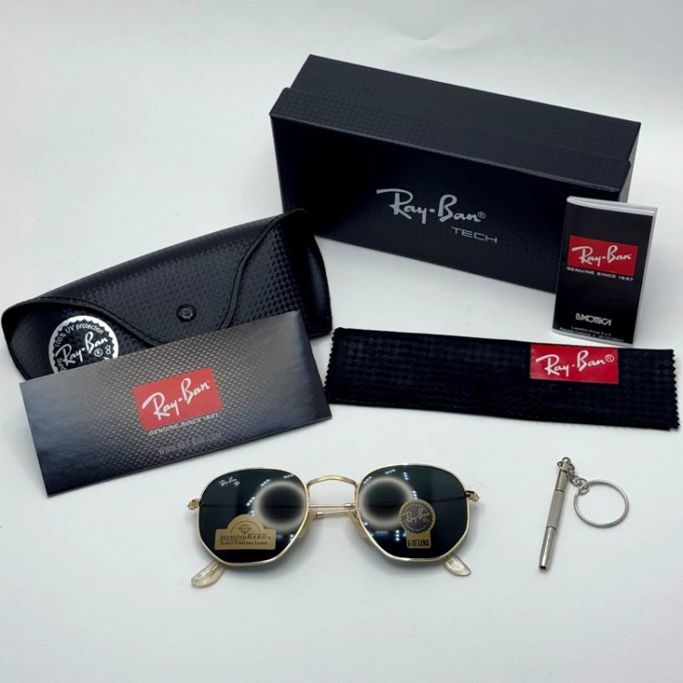 تصویر عینک ریبن هگزونال شیشه سنگ مشکی فریم طلایی به همراه پک کامل ریبن کد Rayban RB 3548
