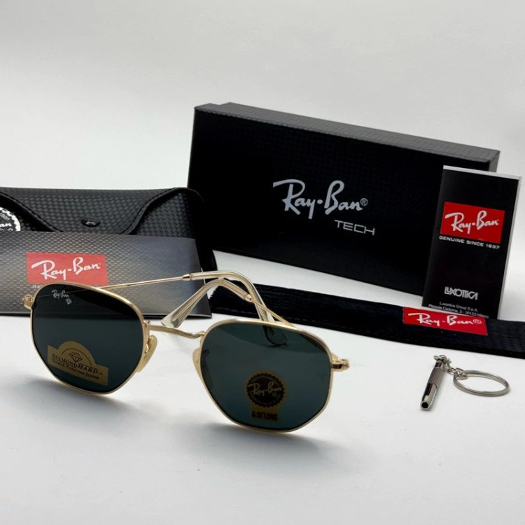 تصویر عینک ریبن هگزونال شیشه سنگ مشکی فریم طلایی به همراه پک کامل ریبن کد Rayban RB 3548