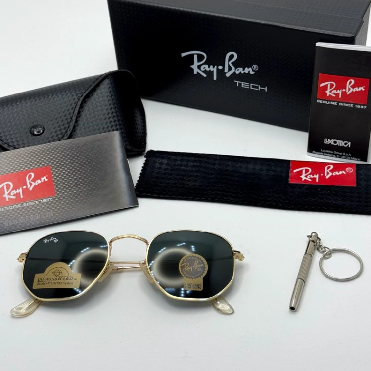تصویر عینک ریبن هگزونال شیشه سنگ مشکی فریم طلایی به همراه پک کامل ریبن کد Rayban RB 3548