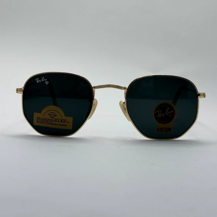 تصویر عینک ریبن هگزونال شیشه سنگ مشکی فریم طلایی به همراه پک کامل ریبن کد Rayban RB 3548