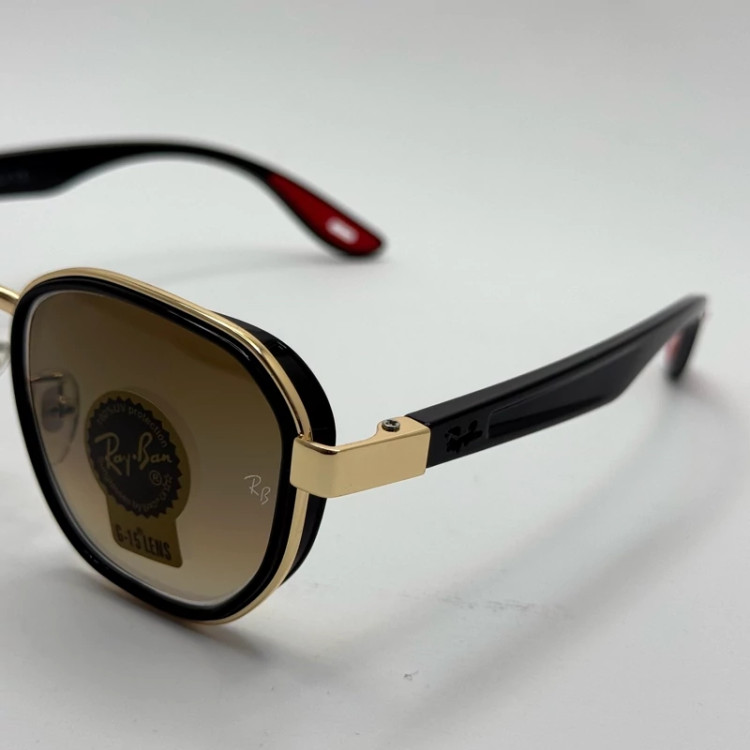 تصویر عینک ریبن شیشه سنگ قهوه ای هایلایت آنتی رفلکس با فریم طلایی به همراه پک کامل ریبن کد Rayban RB 4674