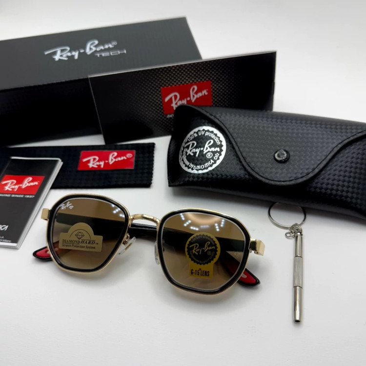 تصویر عینک ریبن شیشه سنگ قهوه ای هایلایت آنتی رفلکس با فریم طلایی به همراه پک کامل ریبن کد Rayban RB 4674