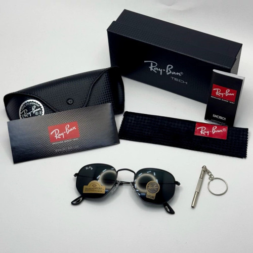 تصویر عینک ریبن هگزونال شیشه سنگ تمام مشکی به همراه پک کامل ریبن کد Rayban RB 3548