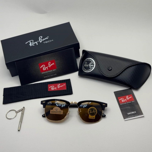 تصویر عینک آفتابی ریبن rayban کلاب مستر شیشه سنگ قهوه ای فریم طلایی rb 3016 به همراه پک کامل