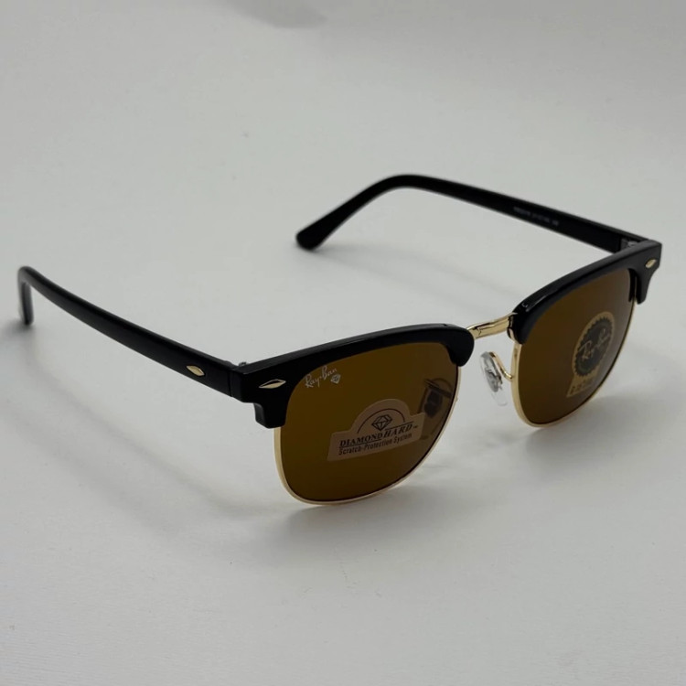 تصویر عینک آفتابی ریبن rayban کلاب مستر شیشه سنگ قهوه ای فریم طلایی rb 3016 به همراه پک کامل