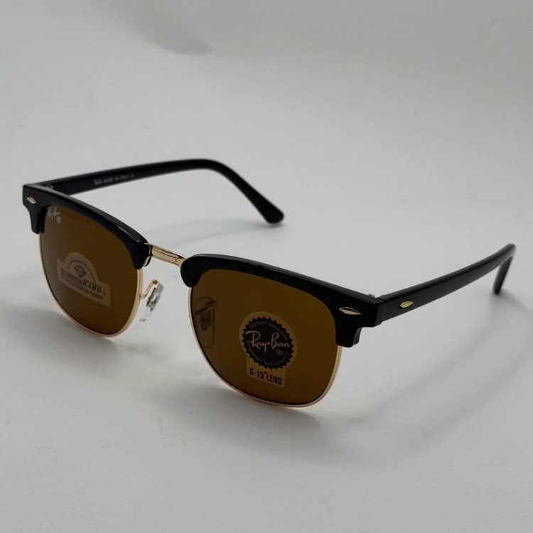 تصویر عینک آفتابی ریبن rayban کلاب مستر شیشه سنگ قهوه ای فریم طلایی rb 3016 به همراه پک کامل