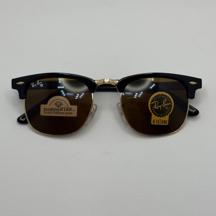 تصویر عینک آفتابی ریبن rayban کلاب مستر شیشه سنگ قهوه ای فریم طلایی rb 3016 به همراه پک کامل