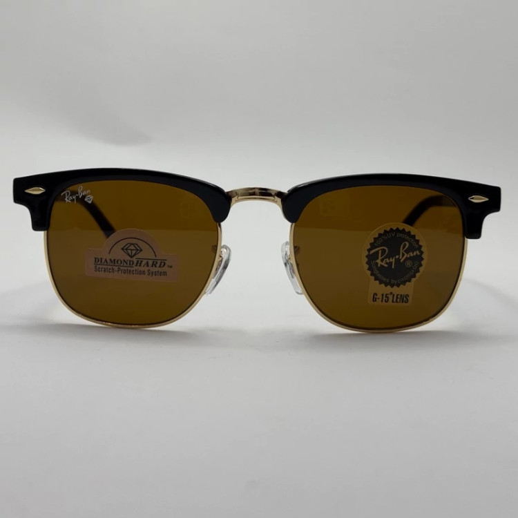 تصویر عینک آفتابی ریبن rayban کلاب مستر شیشه سنگ قهوه ای فریم طلایی rb 3016 به همراه پک کامل