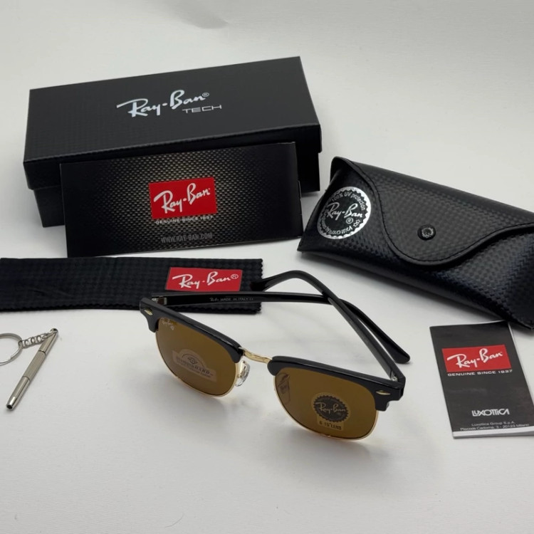 تصویر عینک آفتابی ریبن rayban کلاب مستر شیشه سنگ قهوه ای فریم طلایی rb 3016 به همراه پک کامل
