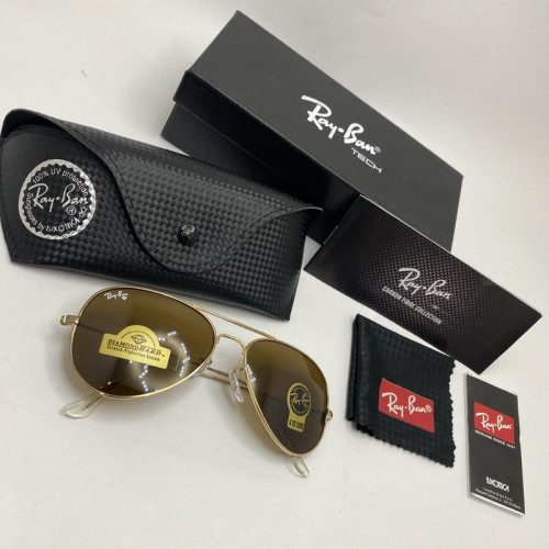 تصویر عینک ریبن شیشه سنگ قهوه ای با فریم طلایی براق فول پک اورجینال