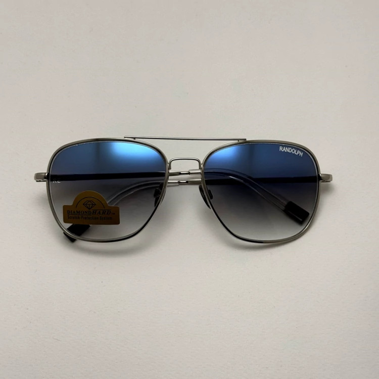 تصویر عینک آفتابی خلبانی رندولف شیشه سنگ آنتی رفلکس آبی هایلایت نقره ای فول پک RANDOLPH AVIATOR RE 58 24K WHITE GOLD