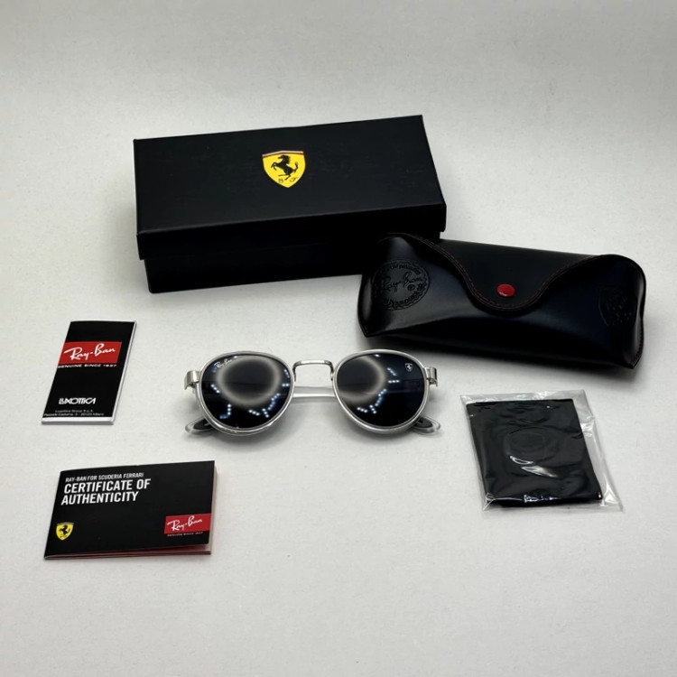 تصویر عینک آفتابی گرد ریبن فراری کریستالی با پک کامل Rayban Ferrari RB3705