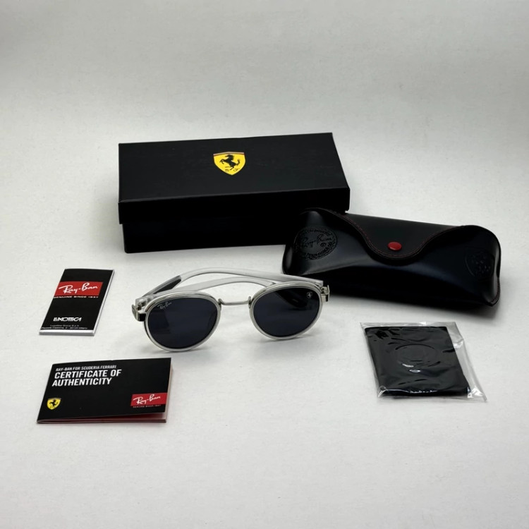 تصویر عینک آفتابی گرد ریبن فراری کریستالی با پک کامل Rayban Ferrari RB3705