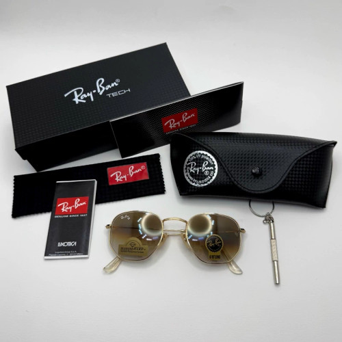 تصویر عینک ریبن شیشه سنگ هگزونال قهوه ای هایلایت آنتی رفلکس به همراه پک کامل ریبن کد Rayban RB 3548