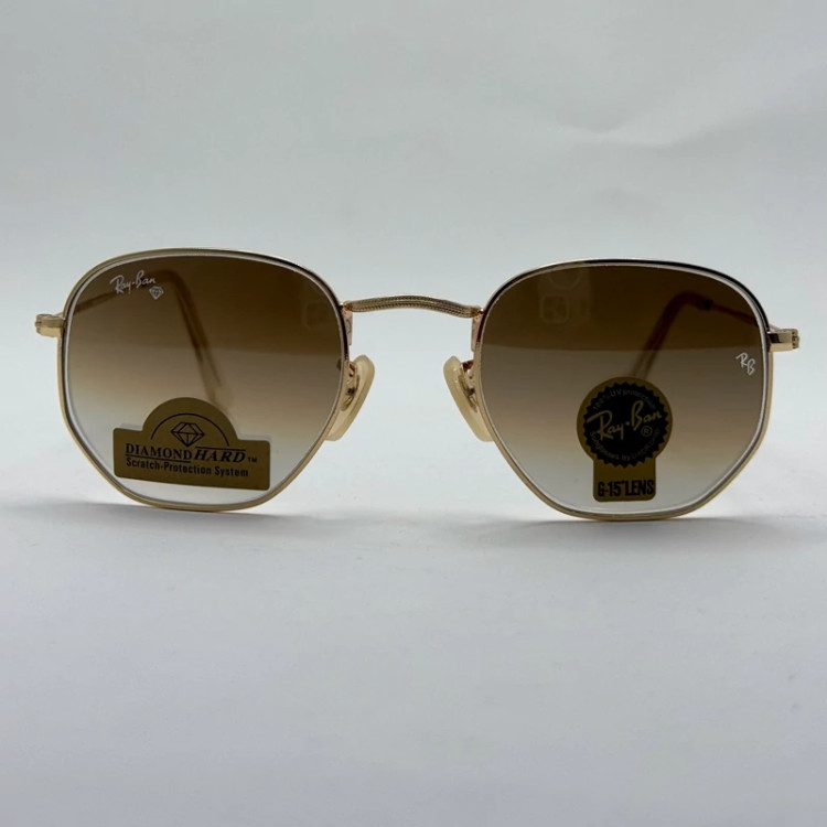 تصویر عینک ریبن شیشه سنگ هگزونال قهوه ای هایلایت آنتی رفلکس به همراه پک کامل ریبن کد Rayban RB 3548