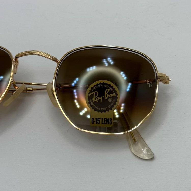 تصویر عینک ریبن شیشه سنگ هگزونال قهوه ای هایلایت آنتی رفلکس به همراه پک کامل ریبن کد Rayban RB 3548