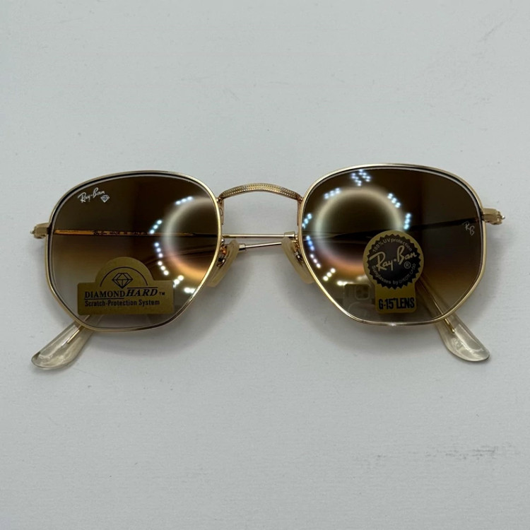 تصویر عینک ریبن شیشه سنگ هگزونال قهوه ای هایلایت آنتی رفلکس به همراه پک کامل ریبن کد Rayban RB 3548