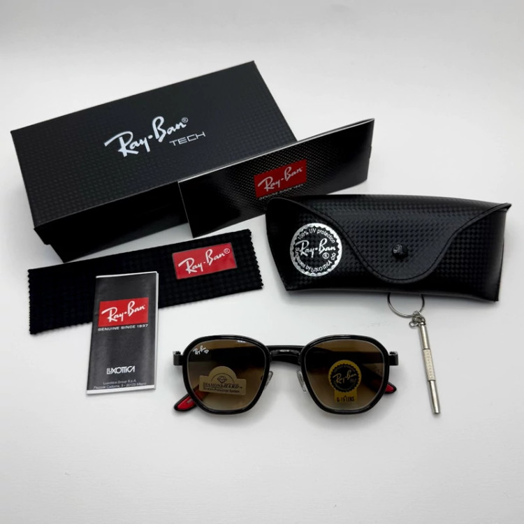 تصویر عینک ریبن شیشه سنگ قهوه ای هایلایت فریم نوک مدادی آنتی رفلکس به همراه پک کامل ریبن کد RB 3674