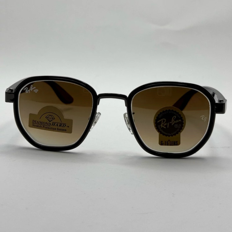 تصویر عینک ریبن شیشه سنگ قهوه ای هایلایت فریم نوک مدادی آنتی رفلکس به همراه پک کامل ریبن کد RB 3674