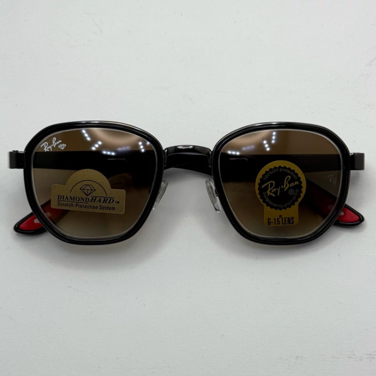 تصویر عینک ریبن شیشه سنگ قهوه ای هایلایت فریم نوک مدادی آنتی رفلکس به همراه پک کامل ریبن کد RB 3674