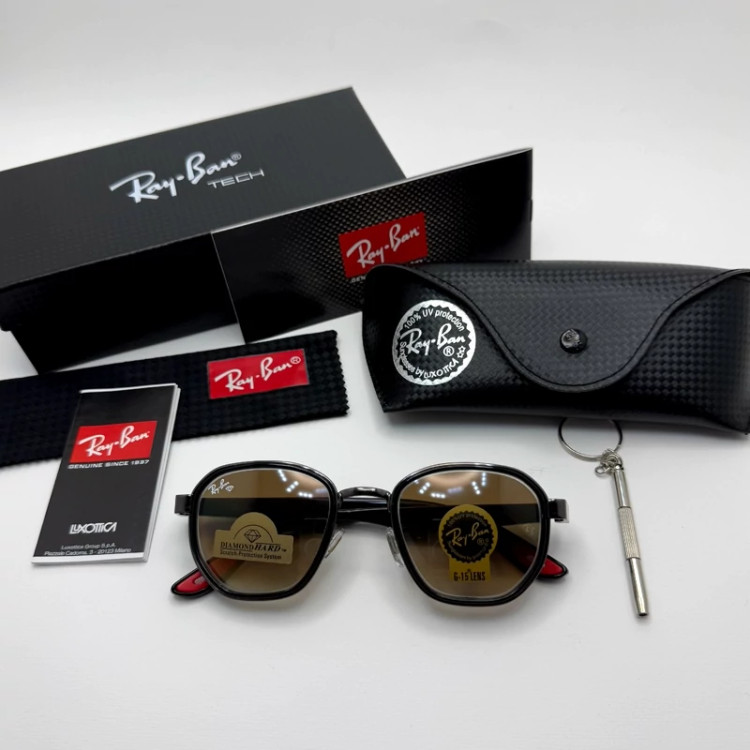 تصویر عینک ریبن شیشه سنگ قهوه ای هایلایت فریم نوک مدادی آنتی رفلکس به همراه پک کامل ریبن کد RB 3674