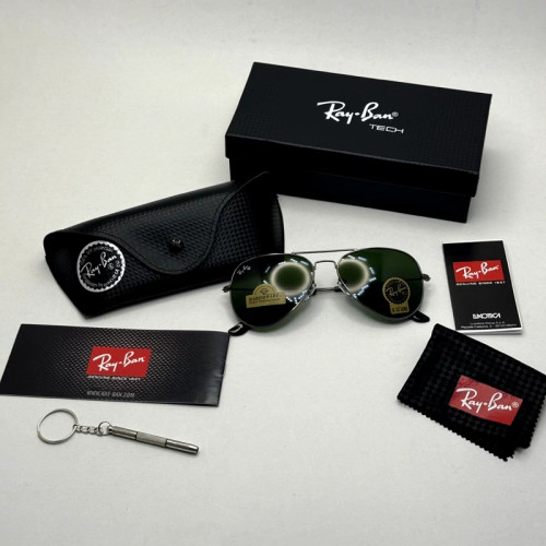 تصویر عینک ریبن خلبانی شیشه سنگ فریم نوک مدادی عدسی سبز آمریکایی آنتی رفلکس REYBAN AVIATOR RB 3025 با پک کامل