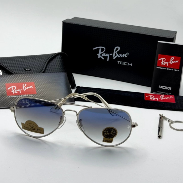 تصویر عینک ریبن خلبانی شیشه سنگ آبی هایلایت فریم نقره ای به همراه پک کامل ریبن Rayban RB 3025