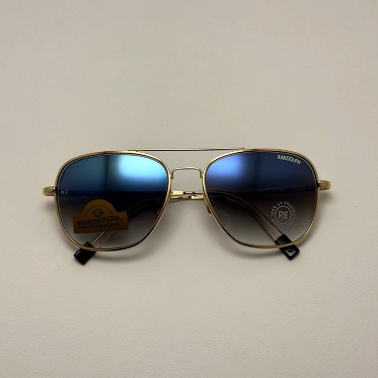 تصویر عینک آفتابی خلبانی رندولف شیشه سنگ آنتی رفلکس آبی هایلایت فریم طلایی فول پک اصلی RANDOLPH AVIATOR RE 58 24K GOLD