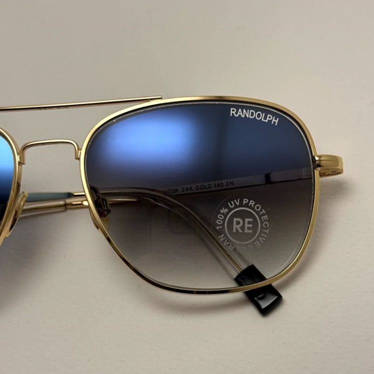 تصویر عینک آفتابی خلبانی رندولف شیشه سنگ آنتی رفلکس آبی هایلایت فریم طلایی فول پک اصلی RANDOLPH AVIATOR RE 58 24K GOLD