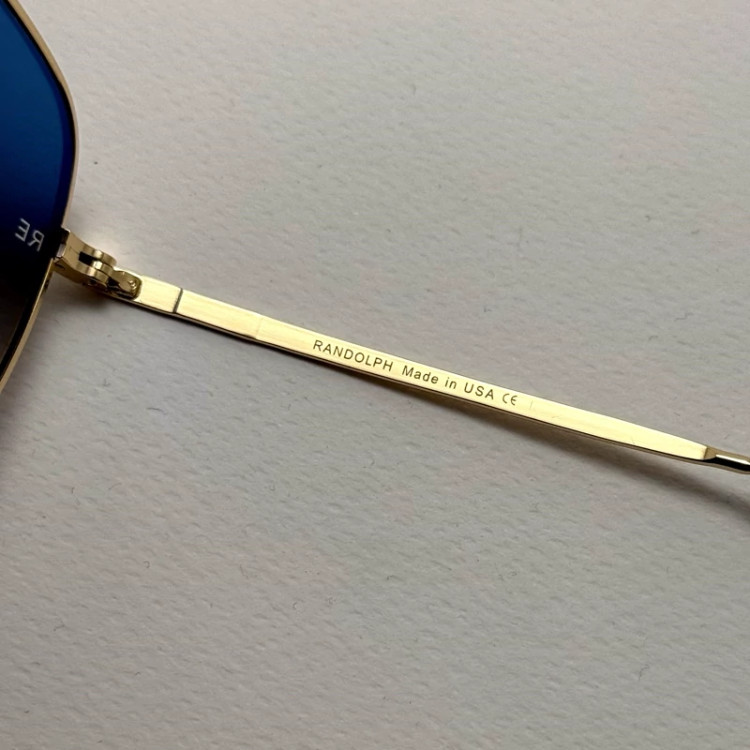 تصویر عینک آفتابی خلبانی رندولف شیشه سنگ آنتی رفلکس آبی هایلایت فریم طلایی فول پک اصلی RANDOLPH AVIATOR RE 58 24K GOLD