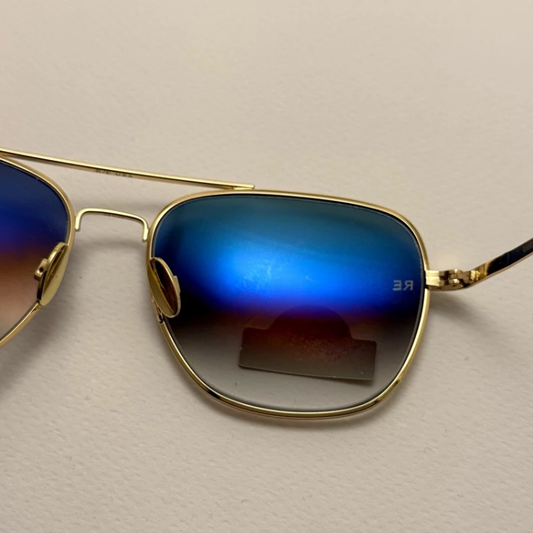 تصویر عینک آفتابی خلبانی رندولف شیشه سنگ آنتی رفلکس آبی هایلایت فریم طلایی فول پک اصلی RANDOLPH AVIATOR RE 58 24K GOLD