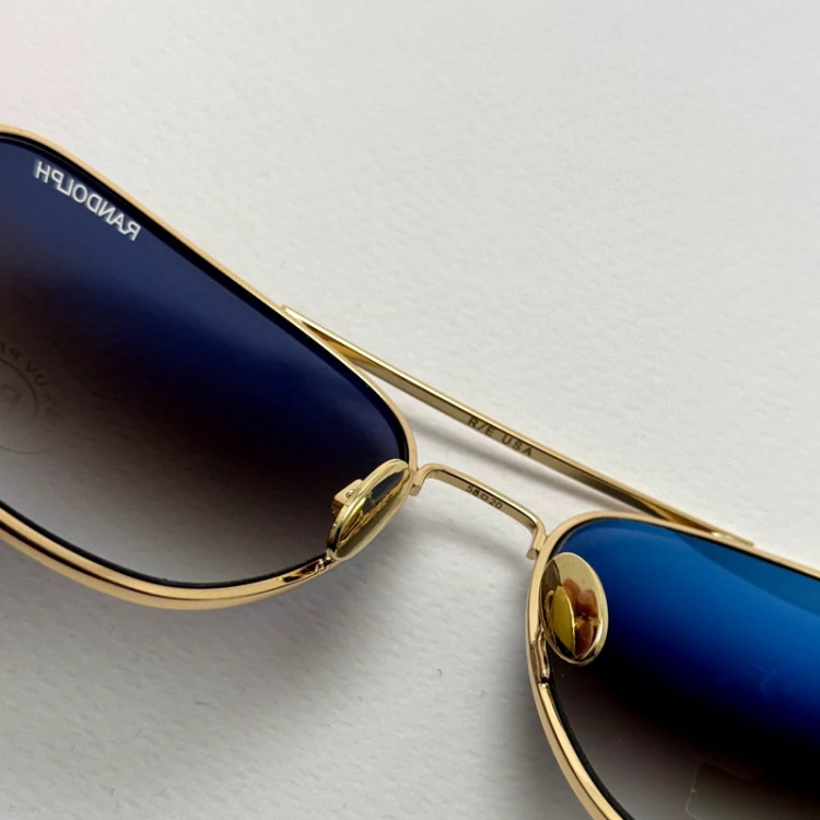 تصویر عینک آفتابی خلبانی رندولف شیشه سنگ آنتی رفلکس آبی هایلایت فریم طلایی فول پک اصلی RANDOLPH AVIATOR RE 58 24K GOLD