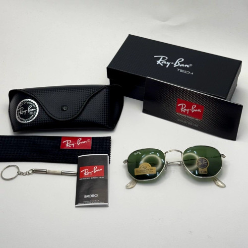 تصویر عینک ریبن هگزونال شیشه سنگ سبز فریم نقره ای به همراه پک کامل ریبن کد Rayban RB 3548