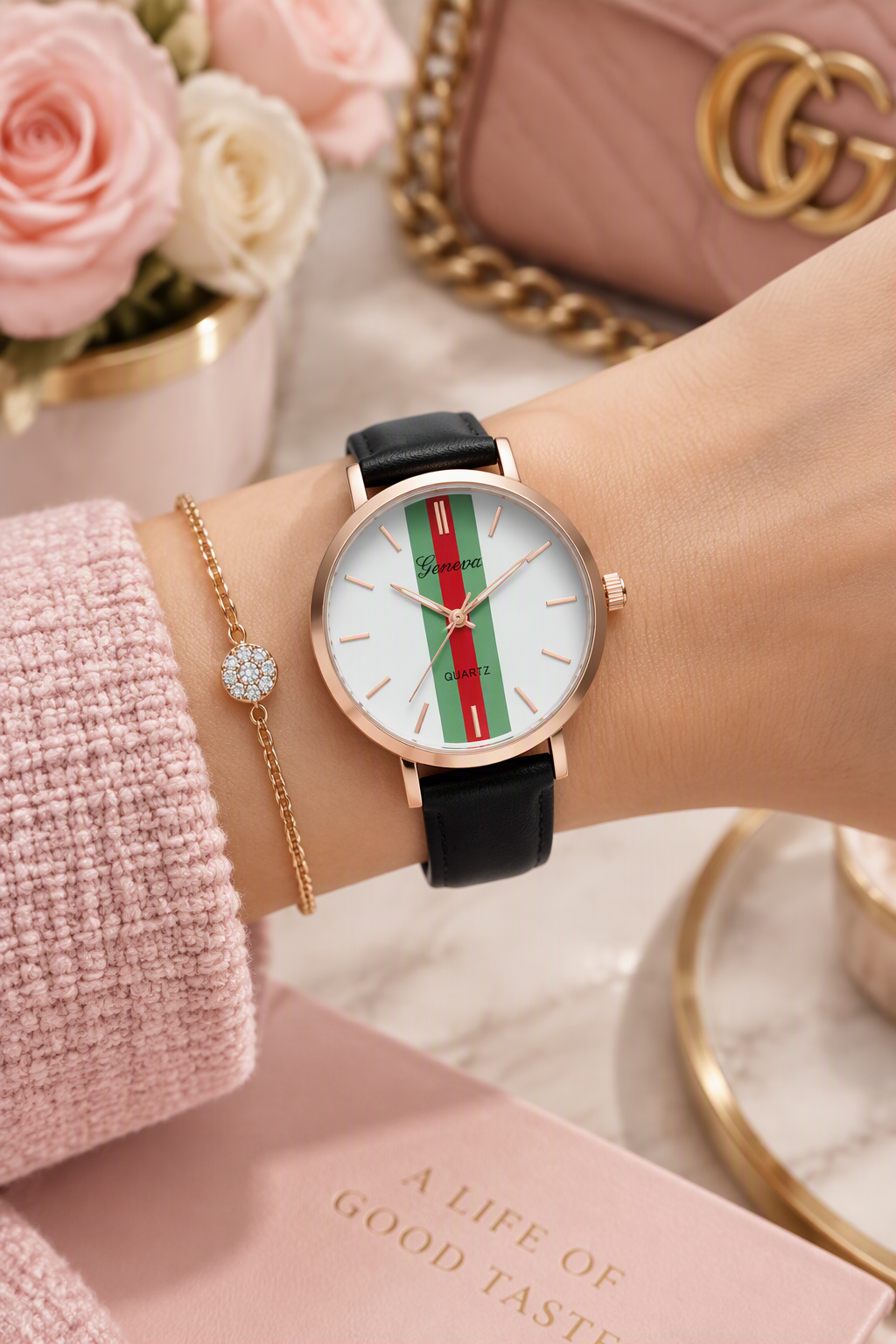 ساعت مچی زنانه شیک طرح Gucci با بند چرم مشکی